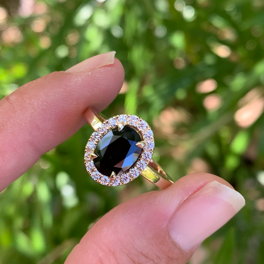 Australian Sapphire Ring with a diamond halo