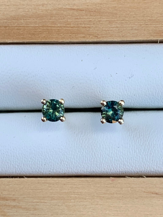 Teal Australian Sapphire Earrings ~ 3mm Yellow Gold Studs