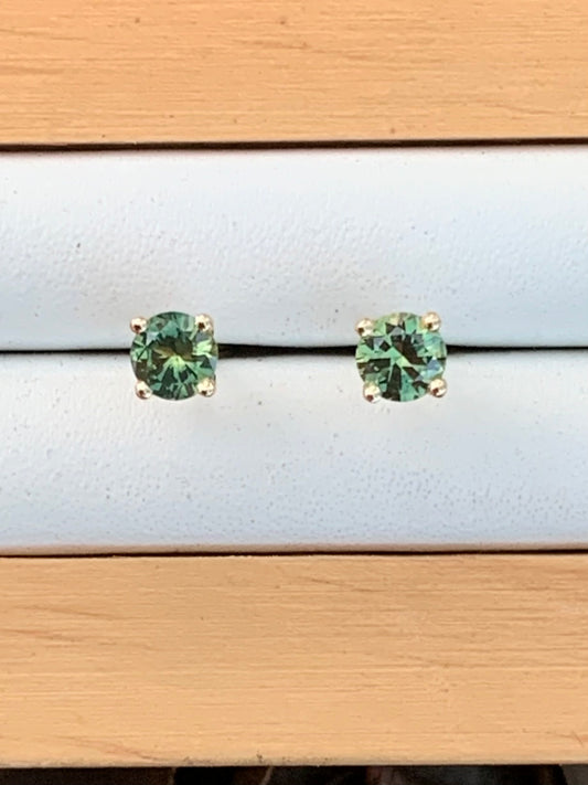 Green Australian Parti Sapphire Earrings ~ 4mm Gold Studs