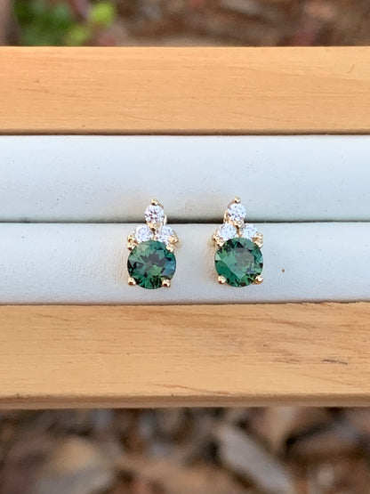Teal Sapphire and Diamond Earrings