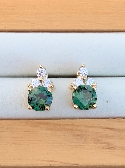 Teal Sapphire and Diamond Earrings