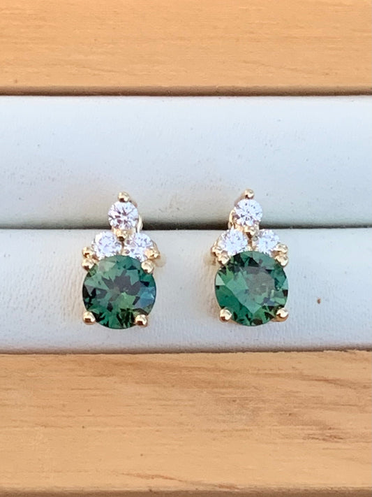 Teal Sapphire and Diamond Earrings