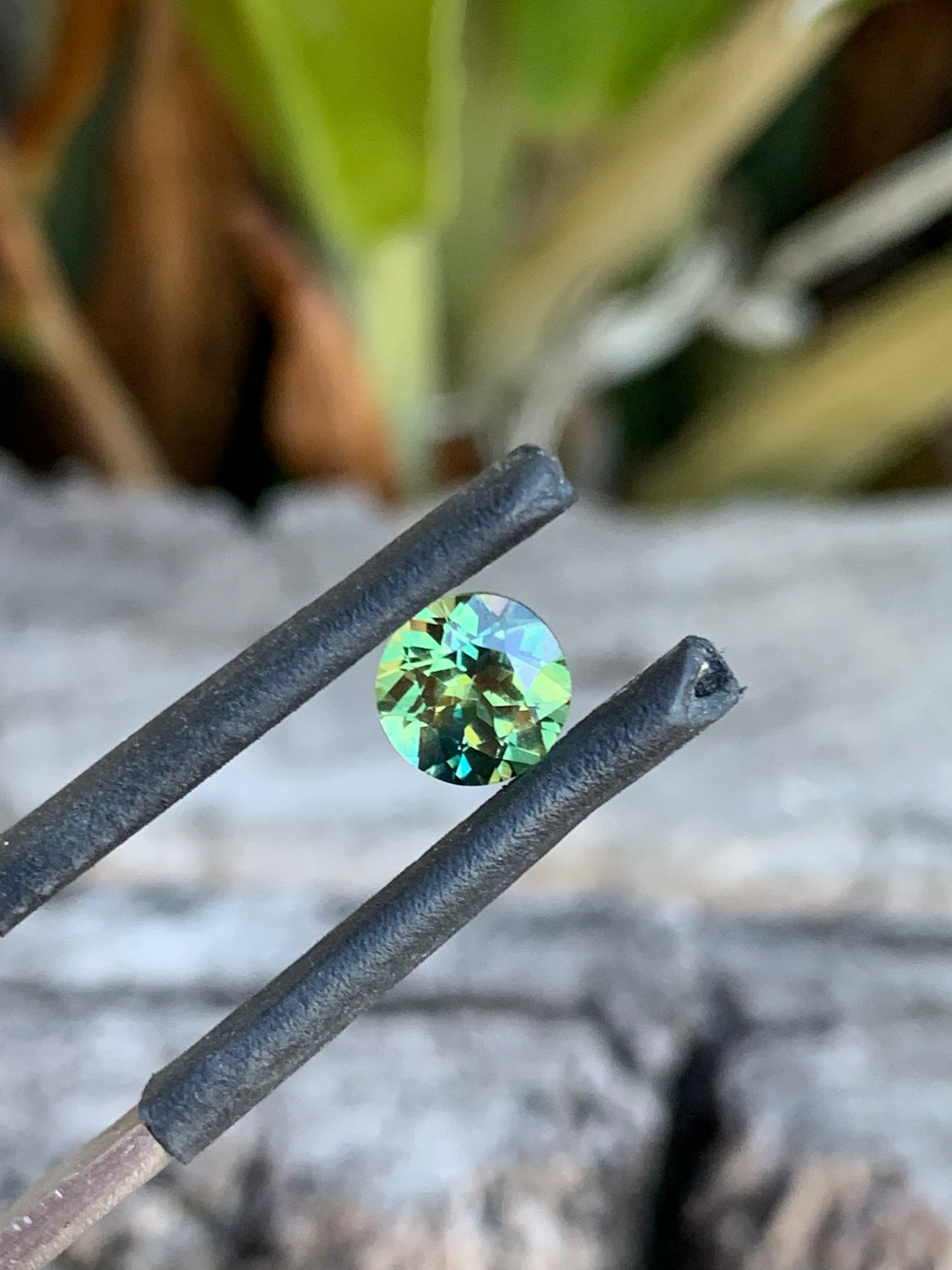 Close-up of 1.06ct wattle parti sapphire showing soft yellow and green colour
