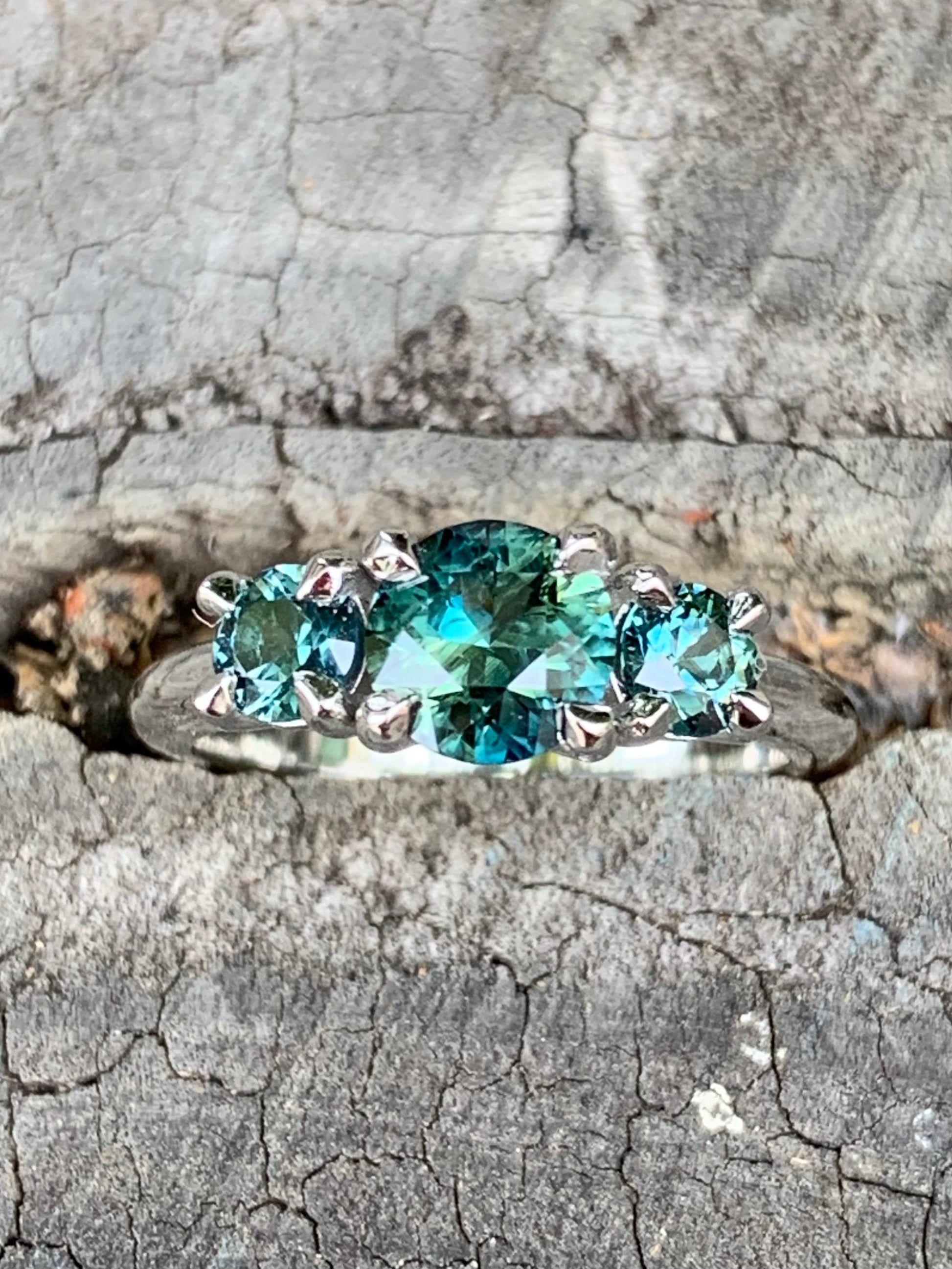 Australian Teal Sapphire Trilogy Ring