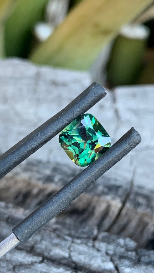 1.74ct square cushion cut Australian parti sapphire with green and yellow zoning