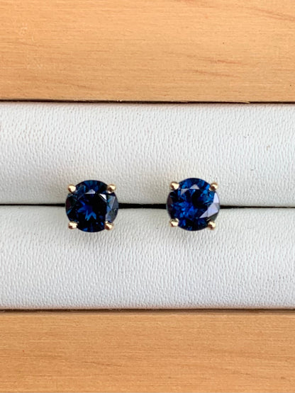 Blue Australian Parti Sapphire Earrings ~ 4.5mm Gold Studs