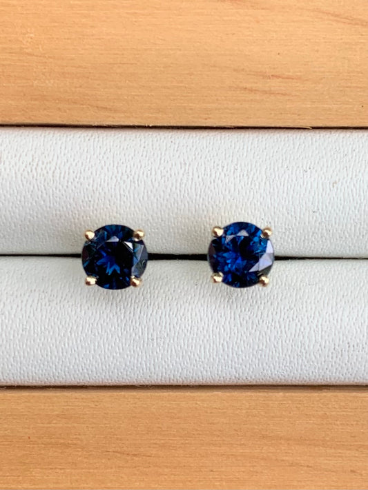 Blue Australian Parti Sapphire Earrings ~ 4.5mm Gold Studs