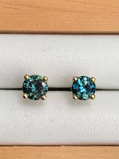 Close up of Teal Australian Sapphire Stud Earrings