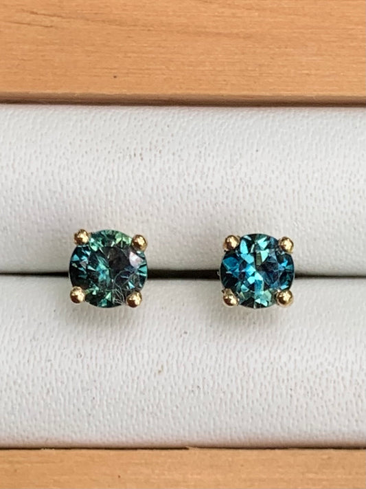 Close up of Teal Australian Sapphire Stud Earrings