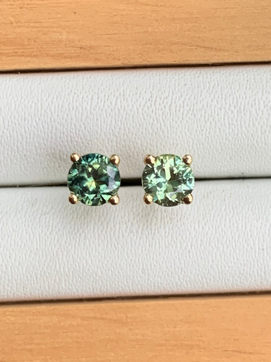 Close up of Australian Parti Sapphire Stud Earrings