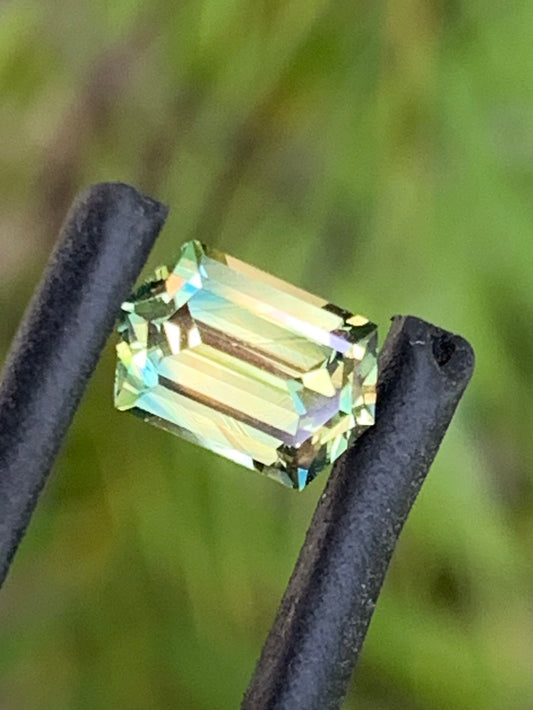 1.36ct unheated Australian yellow parti sapphire elongated hex with blue edges