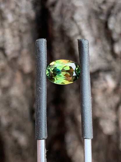close up yellow to green parti sapphire unheated Queensland gemstone oval cut