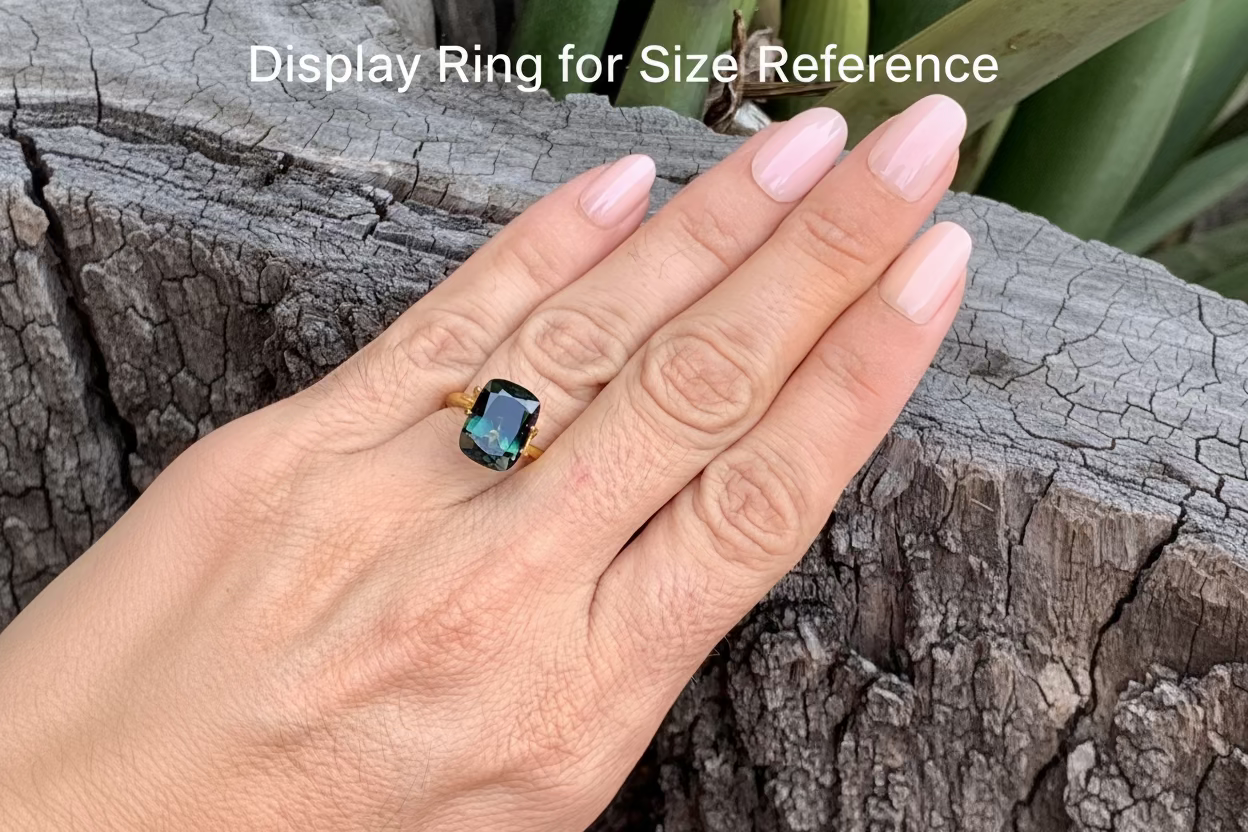 On Hand Photo of Australian sapphire cushion cut large natural parti stone with colour zoning