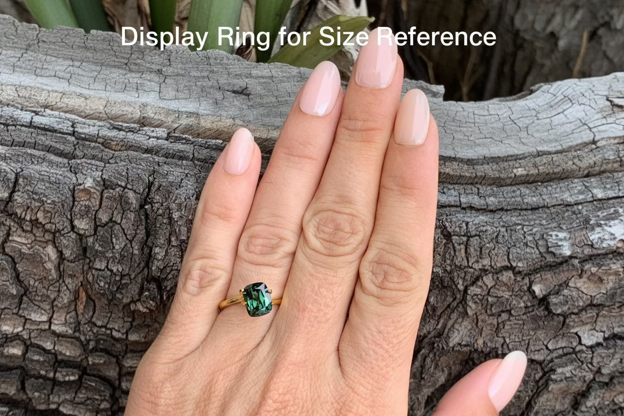 on hand photo of large Australian sapphire cushion cut teal parti with natural colour banding