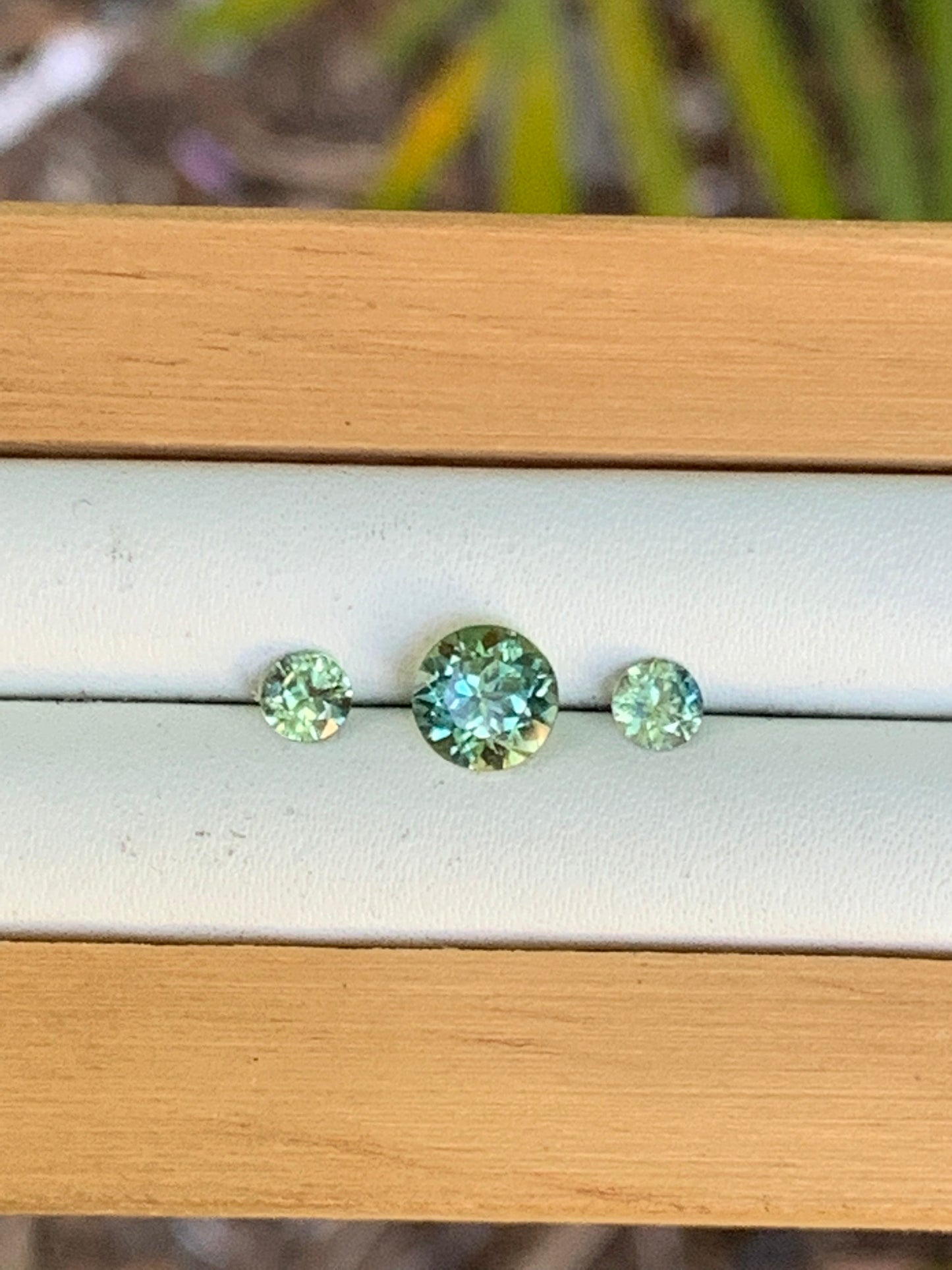 Close-up of three natural unheated Australian sapphires for a trilogy ring