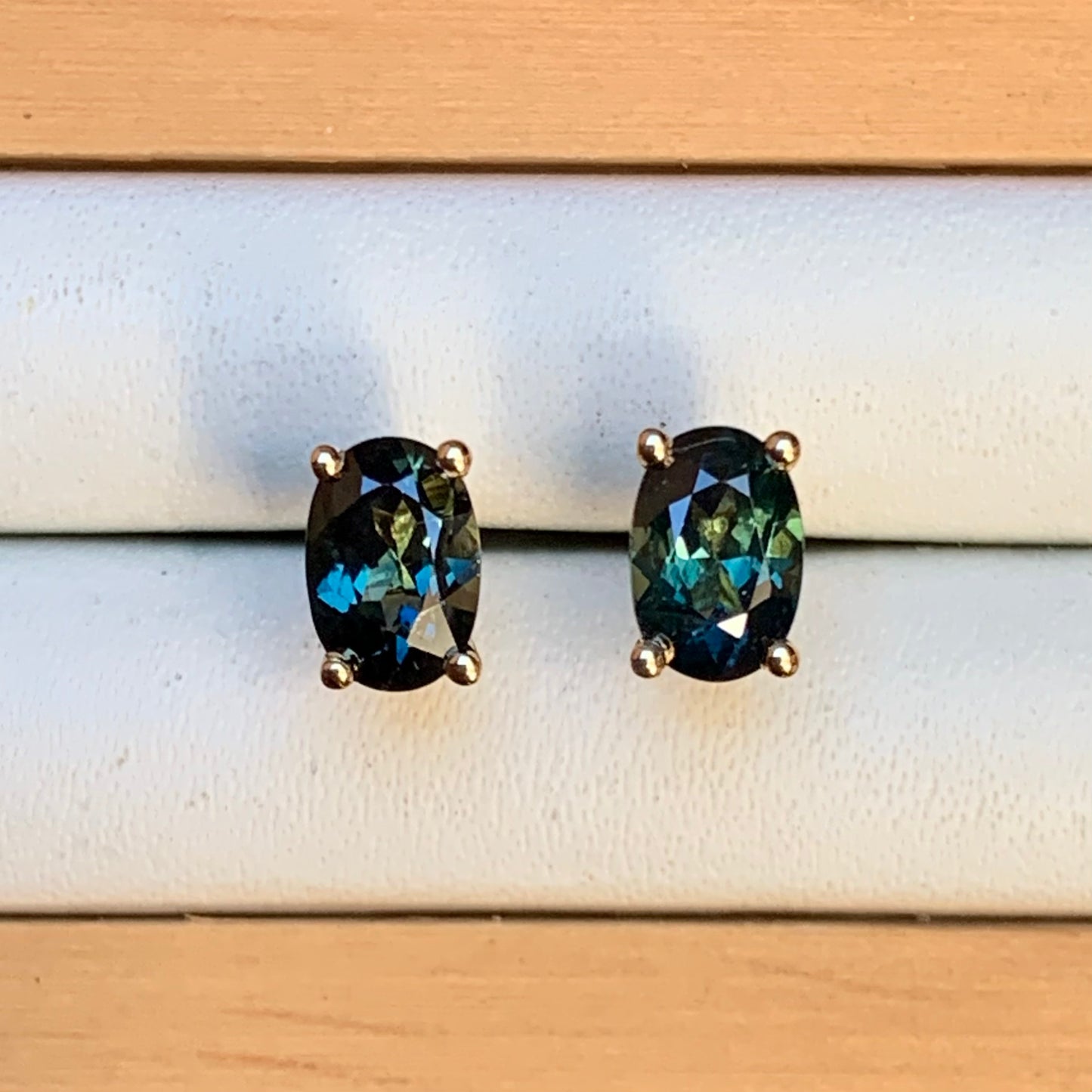 Oval Australian Blue Parti Sapphire Earrings ~ 6x4mm Gold Studs