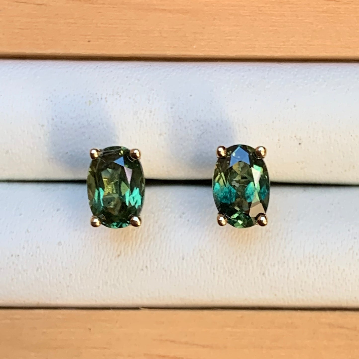 Oval Australian Parti Sapphire Earrings ~ 6x4mm Gold Studs